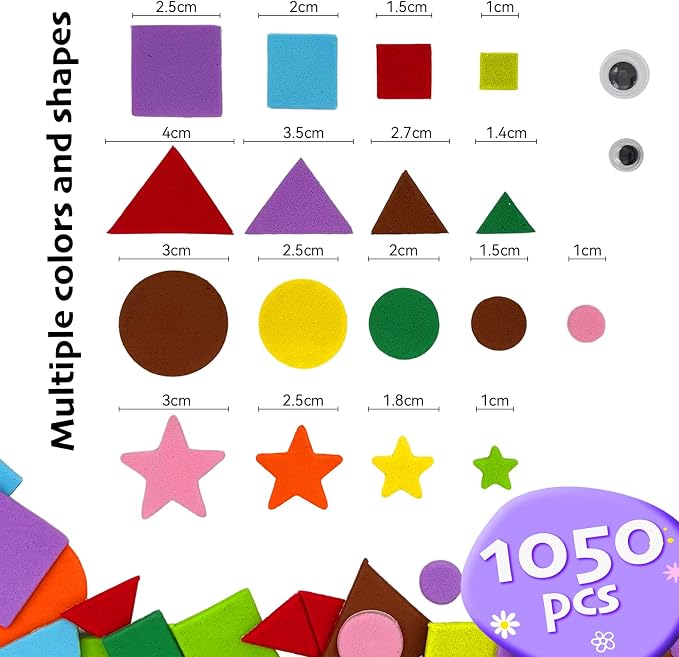 1050 pcs Foam Shapes Stickers, 4shapes-10 Colors Self Adhesive Shape