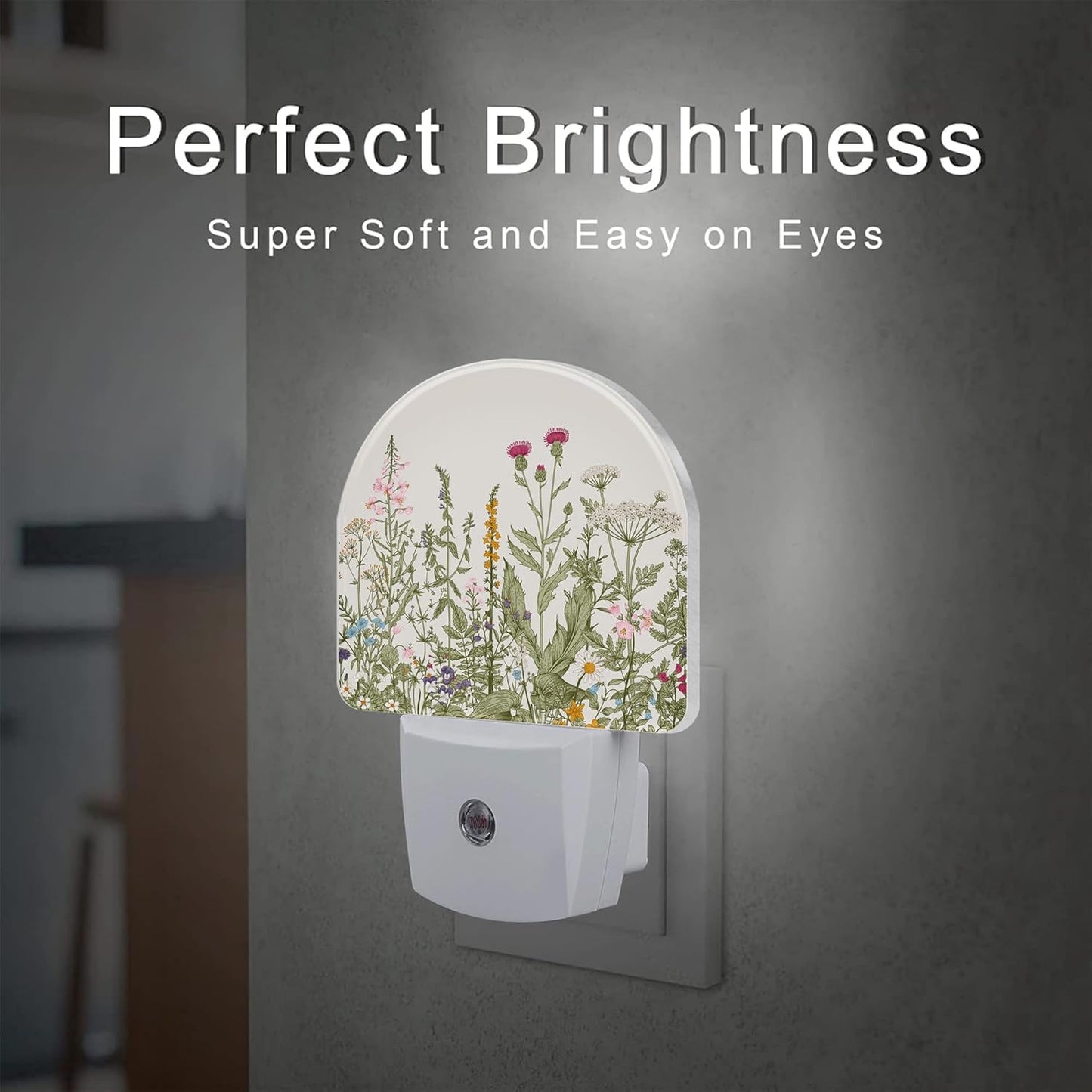 Herbs and Wild Flowers Night Light for Kids,Watercolor Green Botanical Floral Leaves Night Light Plug in with Dusk to Dawn Sensor,0.5w Energy Saving Nightlight for Hallway Stairway Kitchen Bedroom
