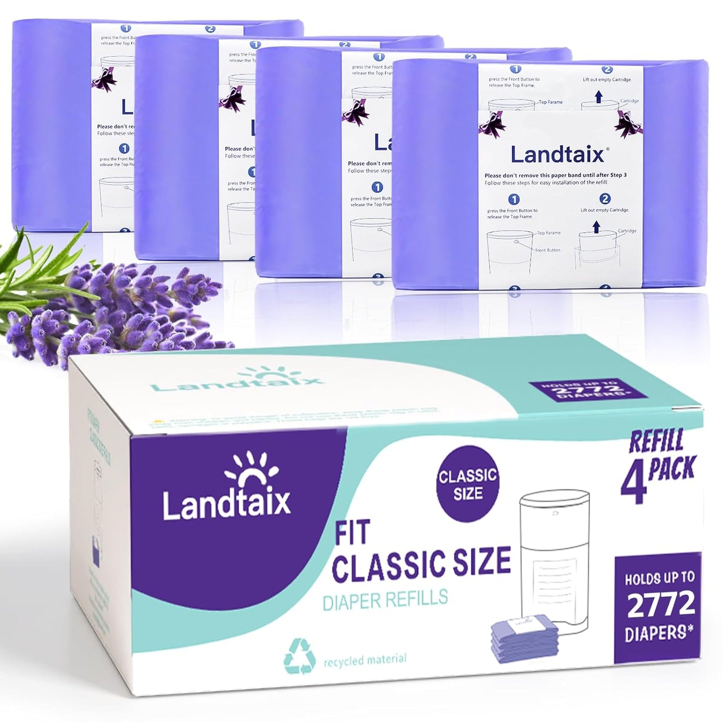 Refills Only Compatible with Dekor Classic Diaper Pail Refills|4 Pack for 2772 Diapers(Extra 40% Lengths)Diaper Pail Bags with Extra 30% Thickness Powerful Odor Eliminate Lavender Scent for Baby/Adult
