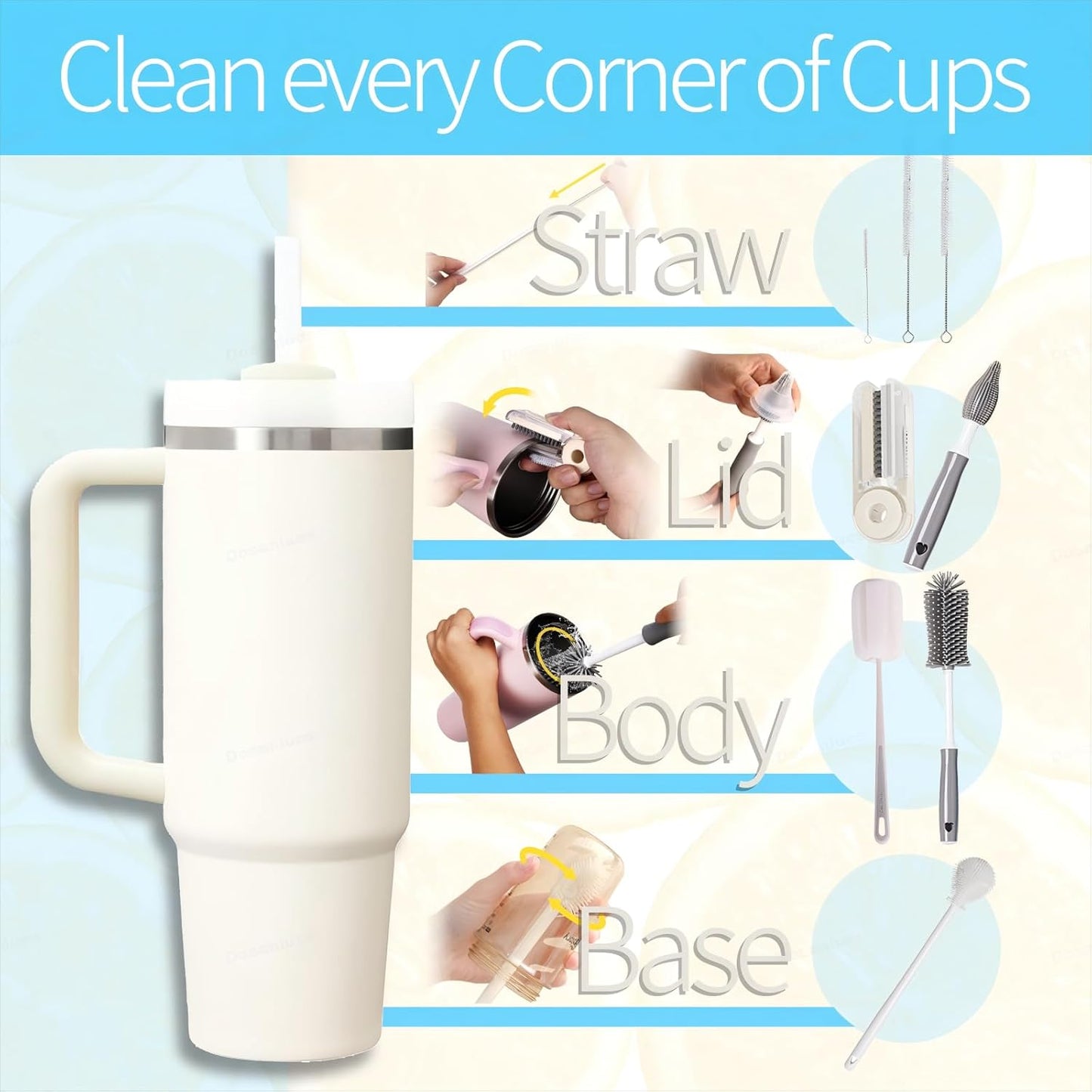 8Pcs Water Bottle Cleaner Brush - Multipurpose Cup Cleaner Kit with Long Nylon Straw Brush Long Handle Silicone Bottles Cleaning for Tumbler, Sports Water Bottle, Wine Glass