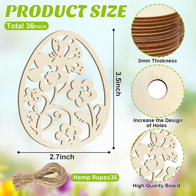 36PCS Wooden Easter Ornaments to Paint, 6 Styles DIY Blank Unfinished Wood Egg