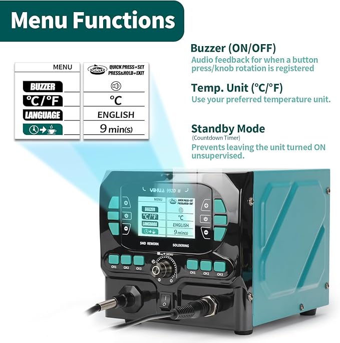 YIHUA 992D-II 2-IN-1 Precision Soldering Kit with Hot Air Pencil and C210 Soldering Iron, Precision Soldering Station with Dynamic LCD Display, Low-Wear Mode, 3 Preset Channels, 8 Hot Air Nozzles