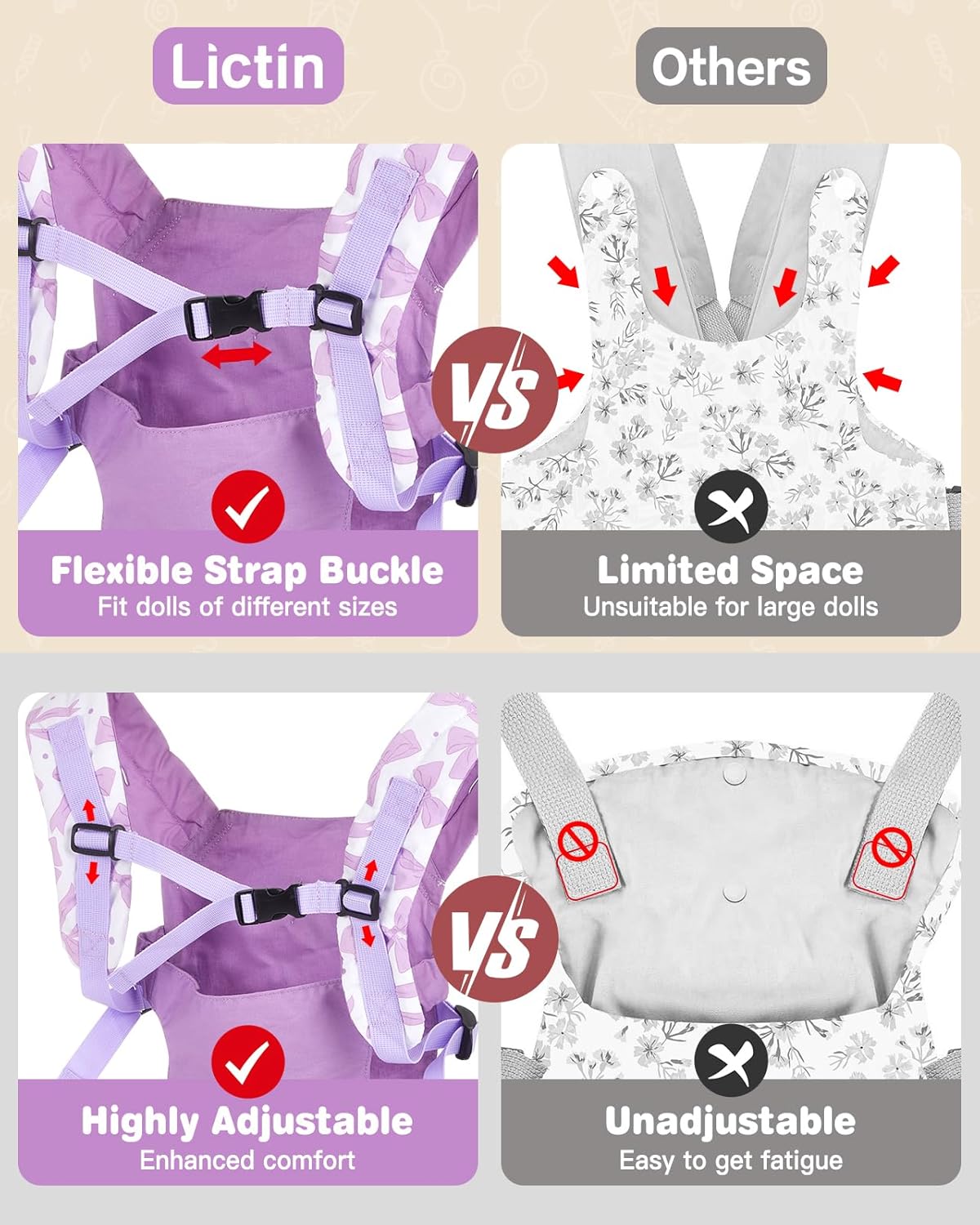 Lictin Baby Doll Carrier, Front and Back Doll Accessories Carrier for Little Girls, with Adjustable Straps for Stuffed Animal Reborn Baby Doll