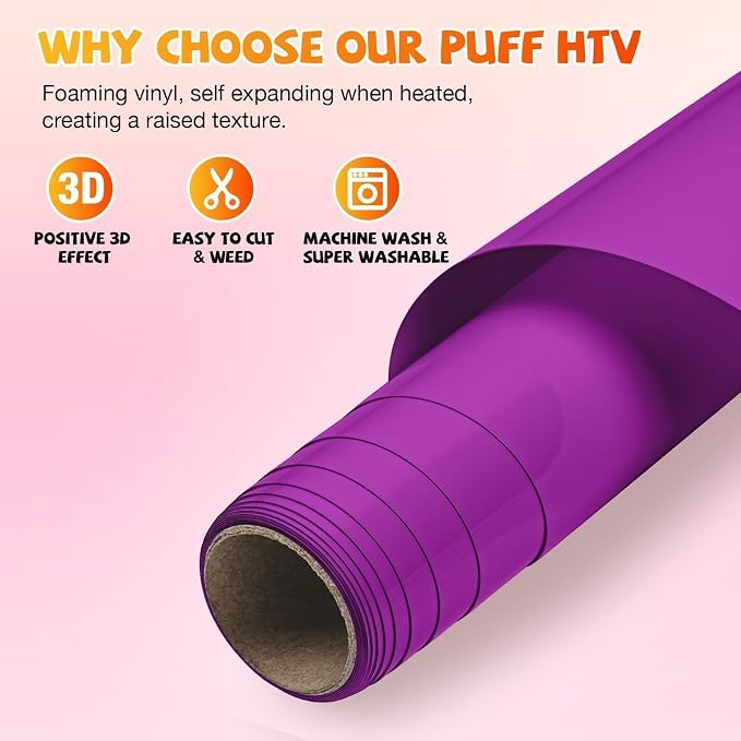 VinylRus Puff Vinyl Heat Transfer -12” x 6ft Purple Puffy 3D Iron on Vinyl