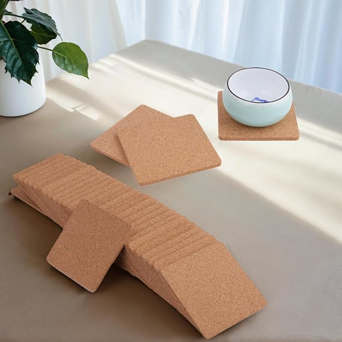 Tebery 30 Pack 4 Inch Square Cork Coasters, 0.2'' Thick Absorbent Drink Pads