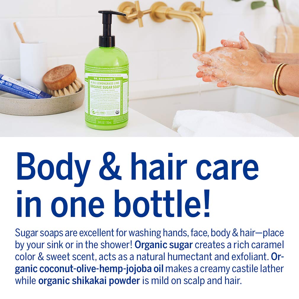 Dr. Bronner's - Organic Sugar Soap (Lemongrass, 64 Ounce) - Made with Organic Oils, Sugar and Shikakai Powder, 4-in-1 Use: Hands, Body, Face and Hair