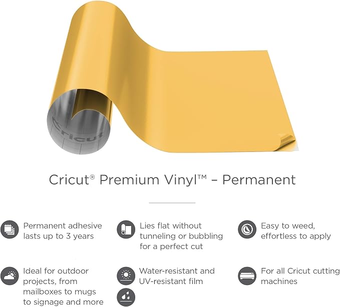 Cricut Premium Permanent Vinyl, Medium Yellow - 4ft Roll - Compatible