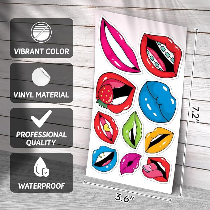 Colorful Art Lips Mouth Expressions Vinyl Stickers Pack 50pcs