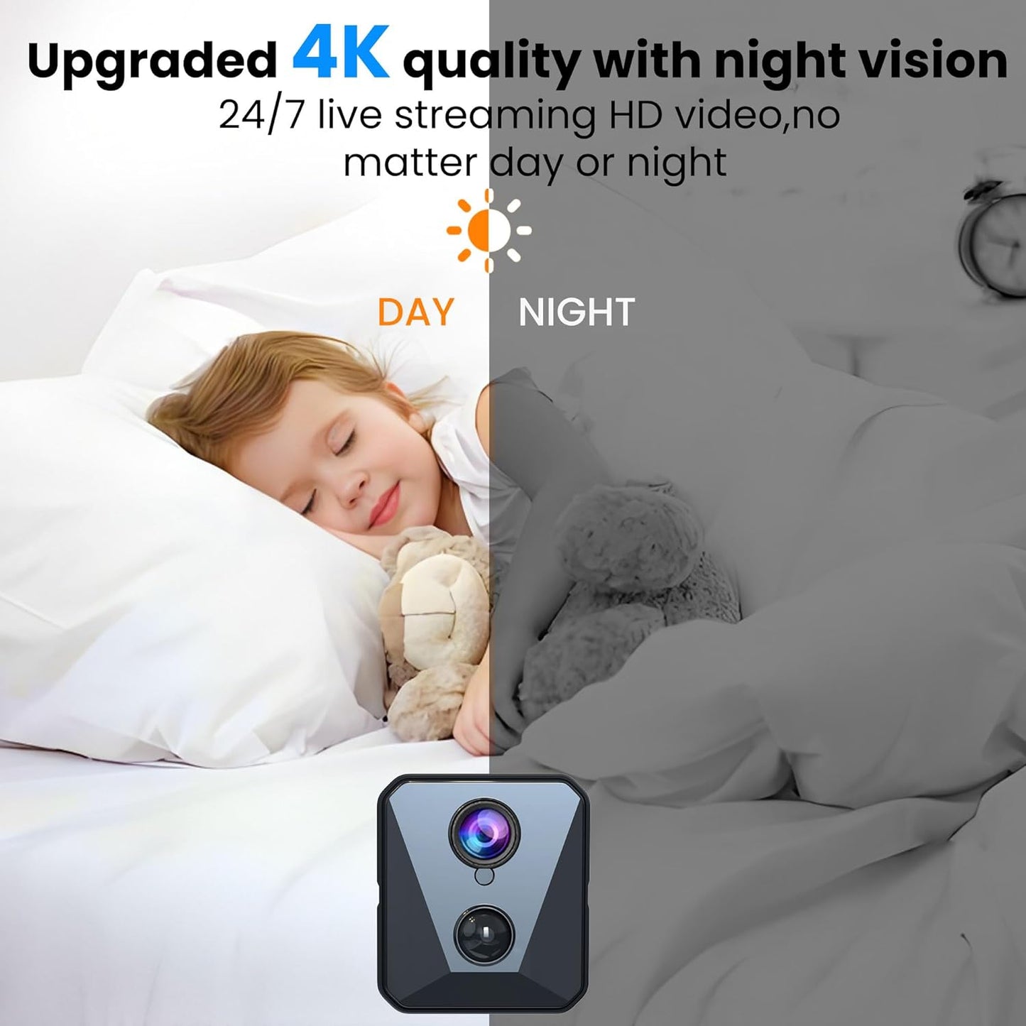 4K WiFi Indoor Camera with 64GB SD Card, Battery Powered Security Cam, 100-Day Standby, AI Human Detection, Night Vision, Real-Time Alert, Baby Monitor, Pet Cam for Home or Office