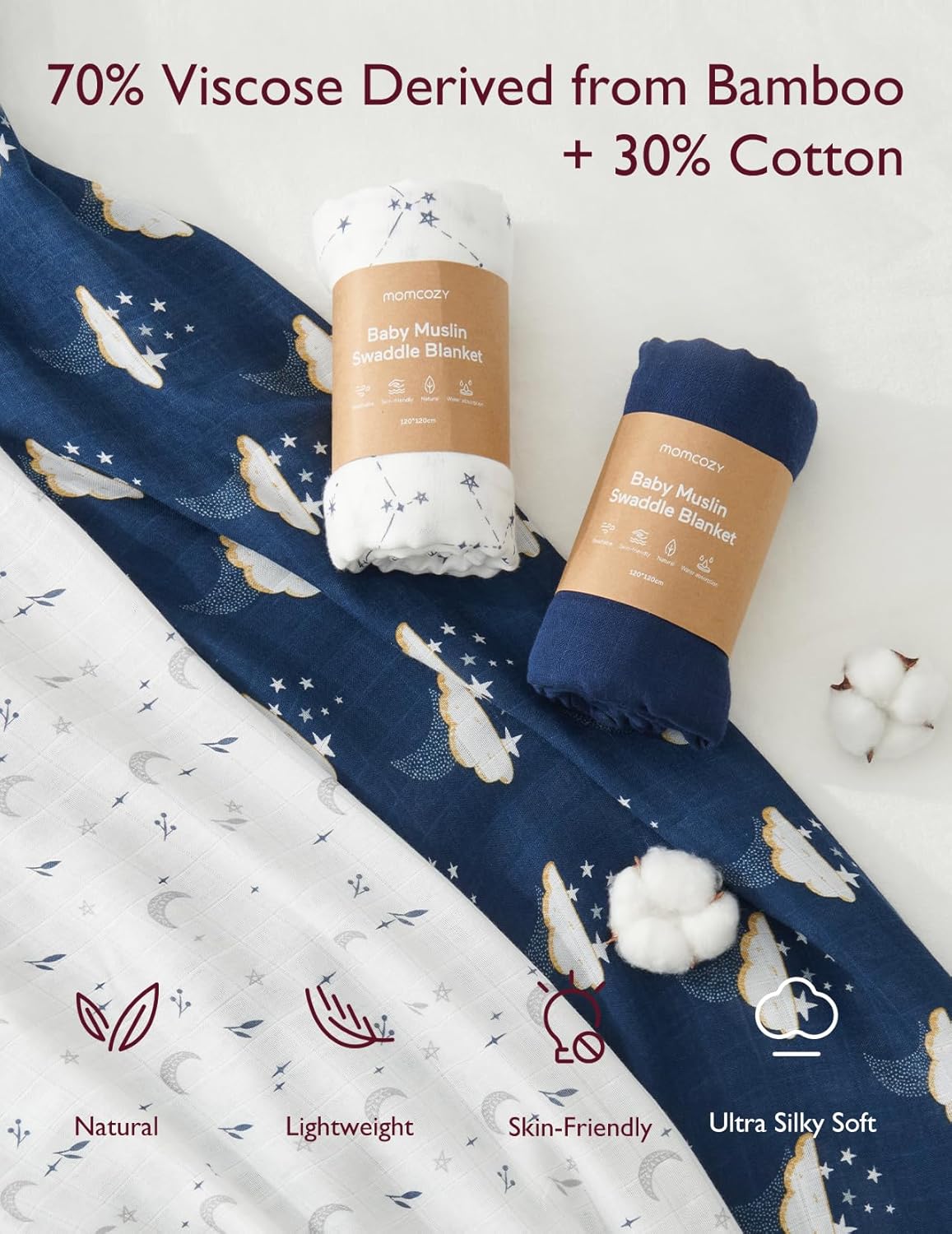 Momcozy Muslin Swaddle Blankets, Ultra Soft Neutral Swaddle Blanket, Breathable Large 47'' x 47'' Baby Infant Newborn Boys Girls Swaddling Receiving Blanket Wraps, Midnight Star Clouds