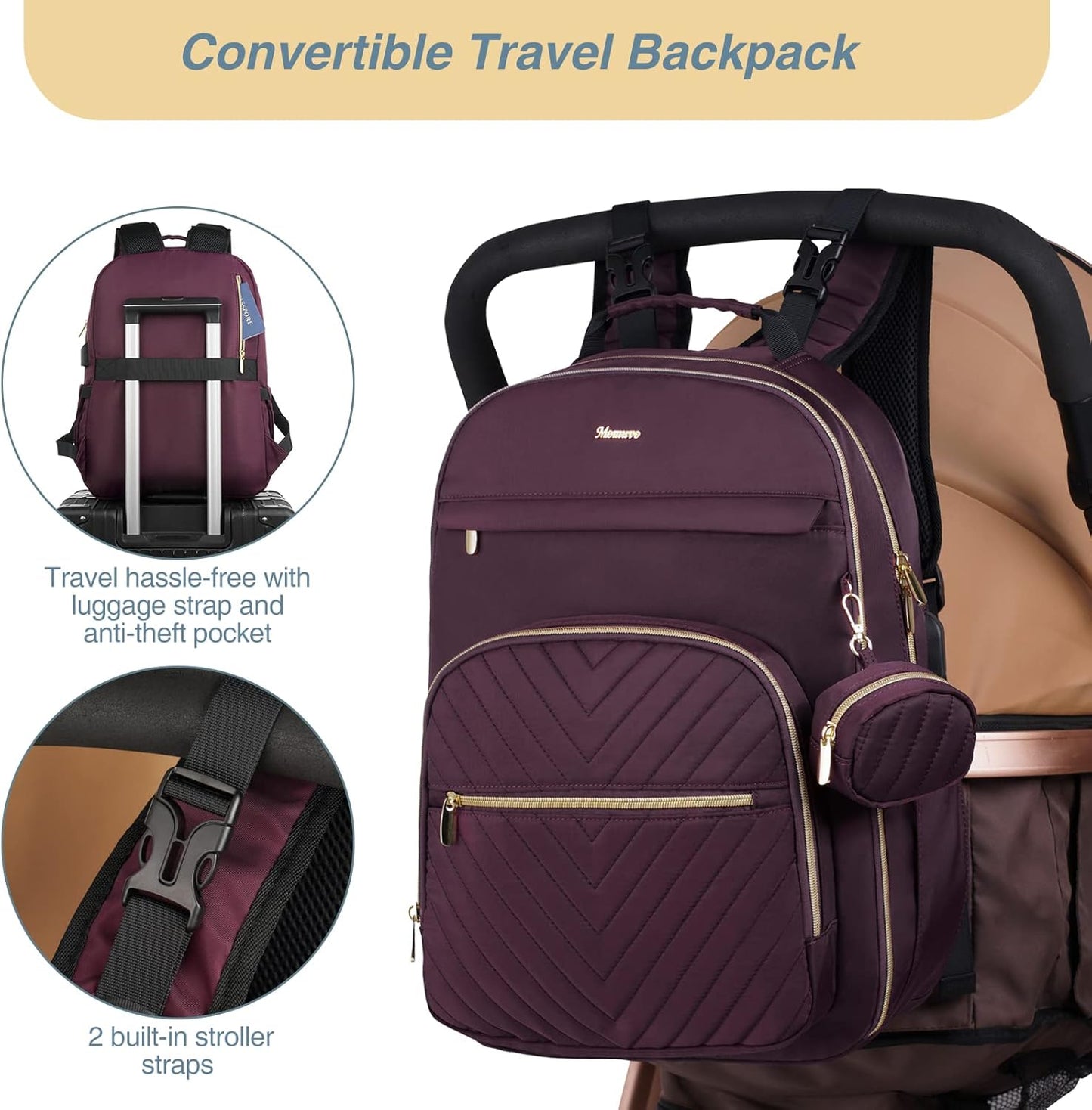 MOMUVO Diaper Bag Backpack, Quilted Baby Bag with Changing Pad & Stroller Straps & Pacifier Case, Large Travel Diaper Bags for Mom Dad