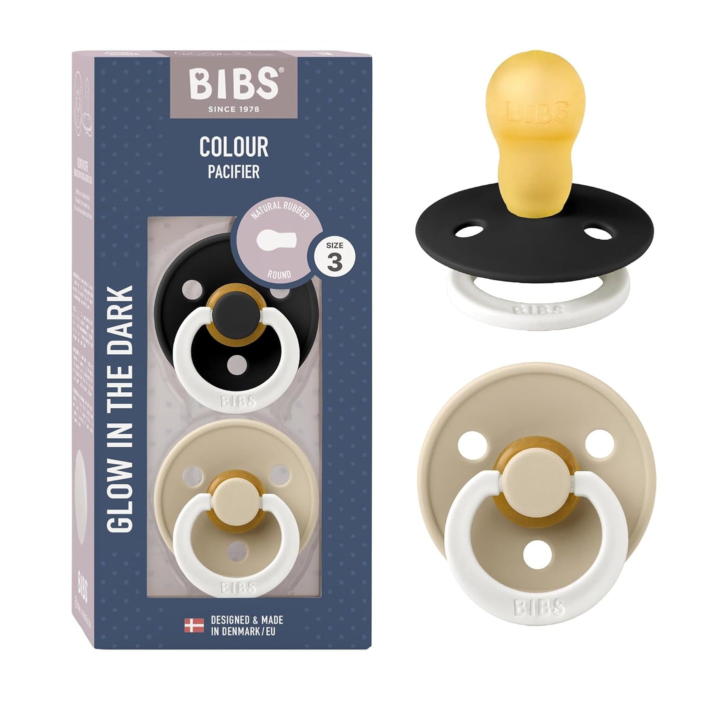 BIBS Pacifiers Colour Collection | Natural Rubber Baby Pacifier | Set of 2 BPA-Free Soothers | Made in Denmark | 18+ Months (Pack of 2) | Black Glow/Vanilla Glow