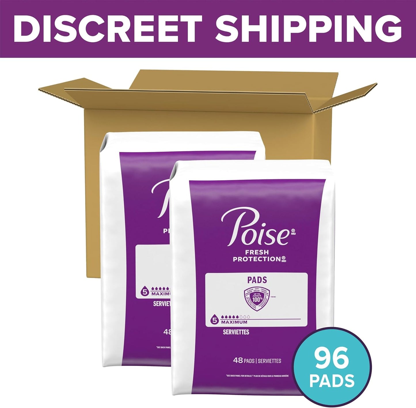 Poise Incontinence & Postpartum Pads for Bladder Leaks, 5 Drop Maximum Absorbency, Regular Length, 96 Count, Packaging May Vary