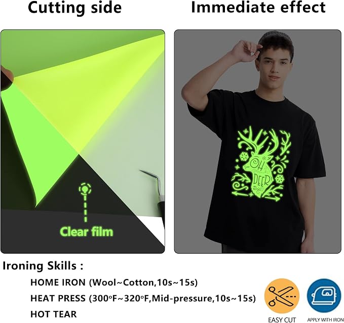 HTVVETUR Glow in The Dark HTV Heat Transfer Vinyl Roll 12 Inch by 5 Feet Iron