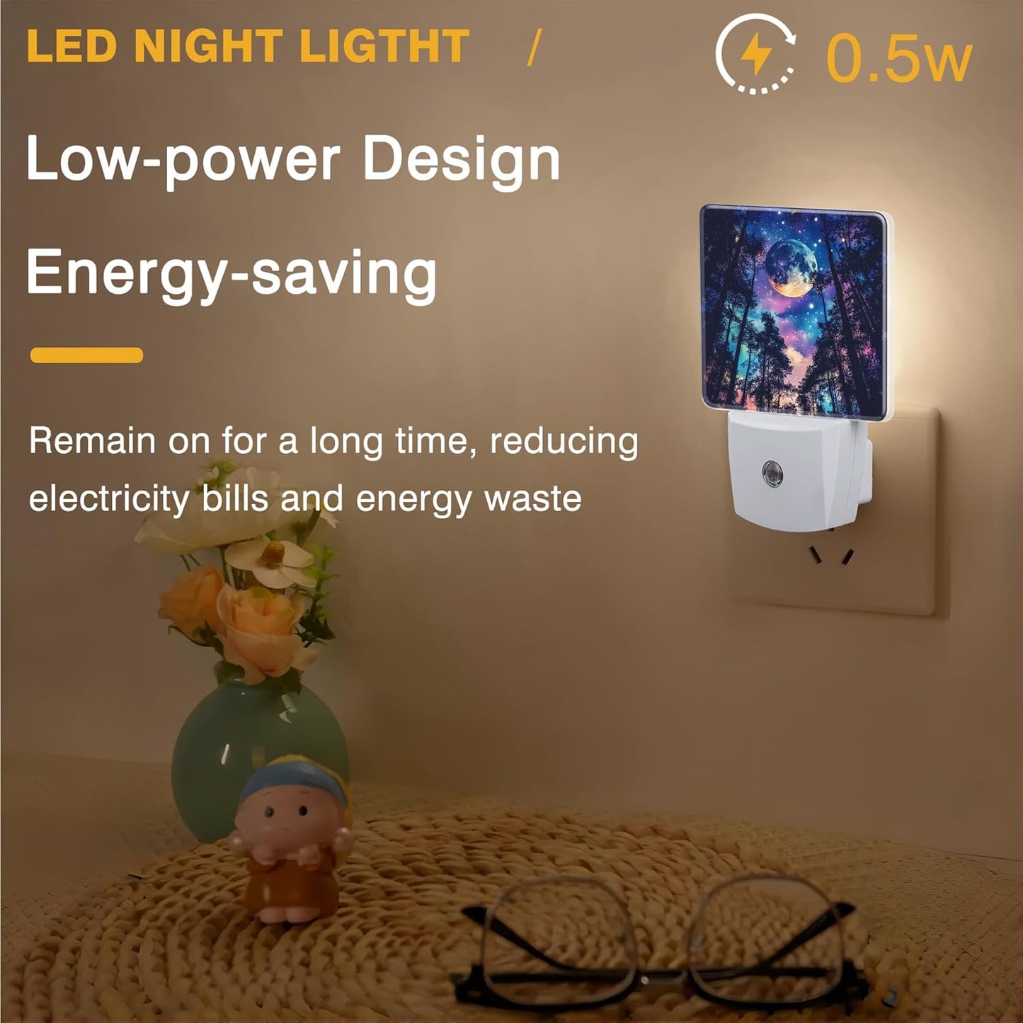 Starry Sky Night Light Moon and Forest Night Lights Plug into Wall Smart Dusk to Dawn Sensor 0.5W Energy Efficient Led Lamp for Men Women Bedroom Bathroom Hallway Stairway Decor