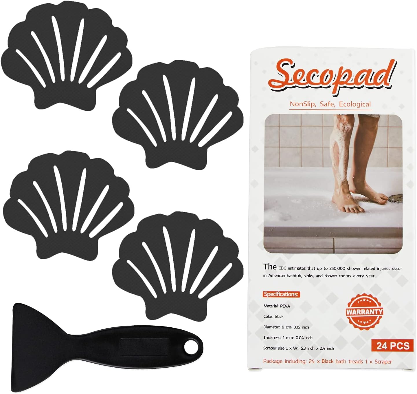 Non-Slip Bathtub Stickers, 24 PCS Shell Safety Bathroom Tubs Showers Treads Adhesive Decals Scraper (Black)