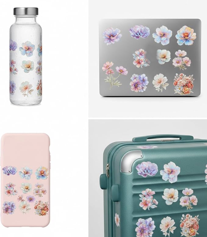 30 PCS Sparkly Flower Stickers Clear Glitter Floral Stickers Holographic PET