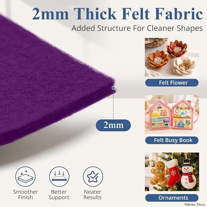 12" x 12" Felt Sheets for Crafts, 2mm Stiff Felt Fabric, Polyester Felt Squares