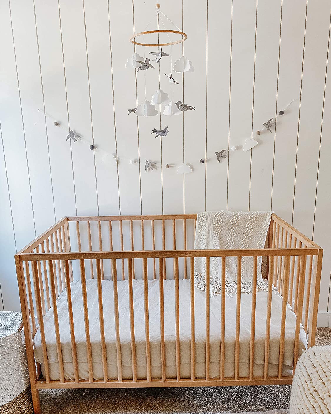 Sorrel + Fern Baby Crib Mobile - Birds in The Clouds w/Garland - Nursery Decor for Boys & Girls