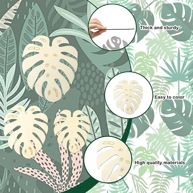 6 pcs 3 Styles Monstera Leaf Theme Unfinished Wood Cutout Charms Tropical Plant