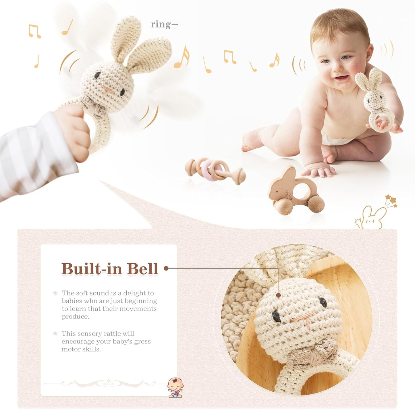 let's make Wooden Baby Rattle 3 PCS Push Car Rattle Set Crochet Rattle Ring Wooden Montessori Toy for Newborn Infant Baby Gifts (Rabbit Rattle)