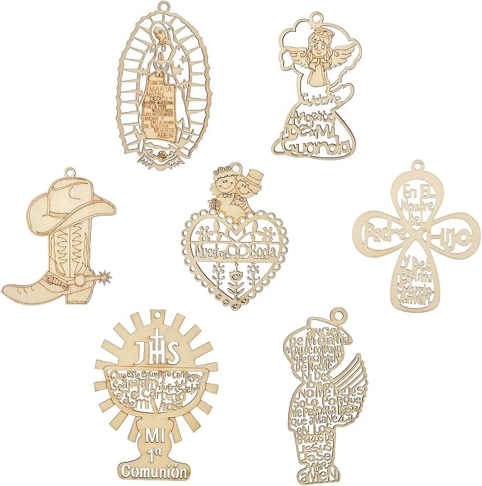 35 pcs 7 Styles Wedding Theme Wood Cutout Charms Angel Goddess Heart Cross Sun