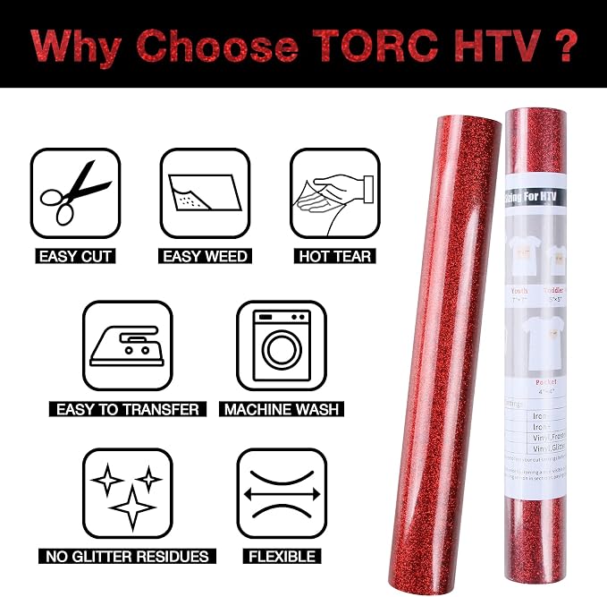 TORC Red Glitter HTV Heat Transfer Vinyl Roll 12 inch x 5 ft Iron on Vinyl