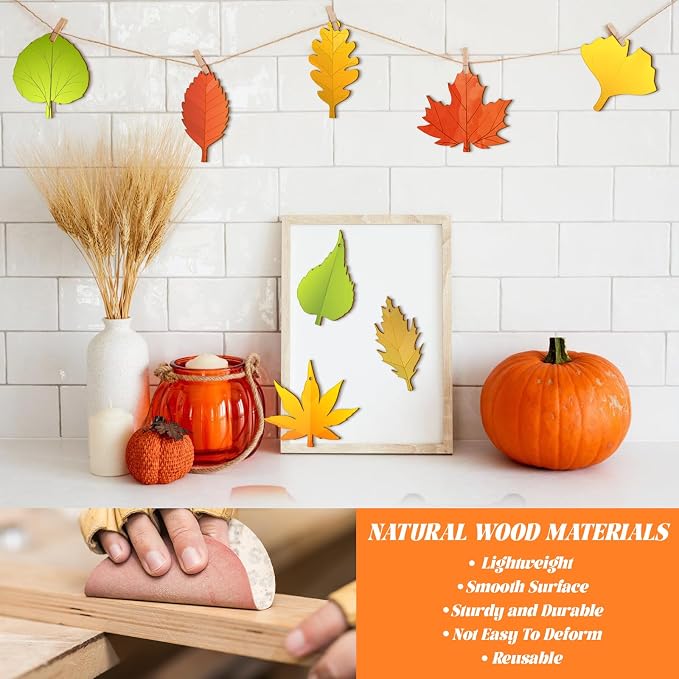 Subacy 80 PCS Unfinished Wood Cutouts 8 Styles DIY Wooden Crafts, Autumn Maple