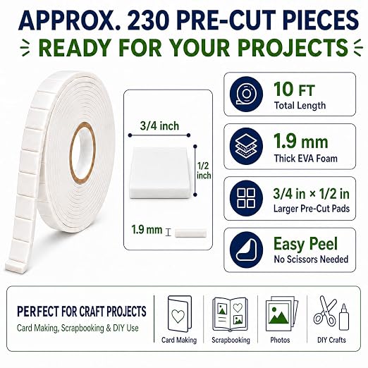 Double Sided Foam Tape, 10 FT Pre-Cut EVA Foam Tape, Approx. 230 Larger Foam