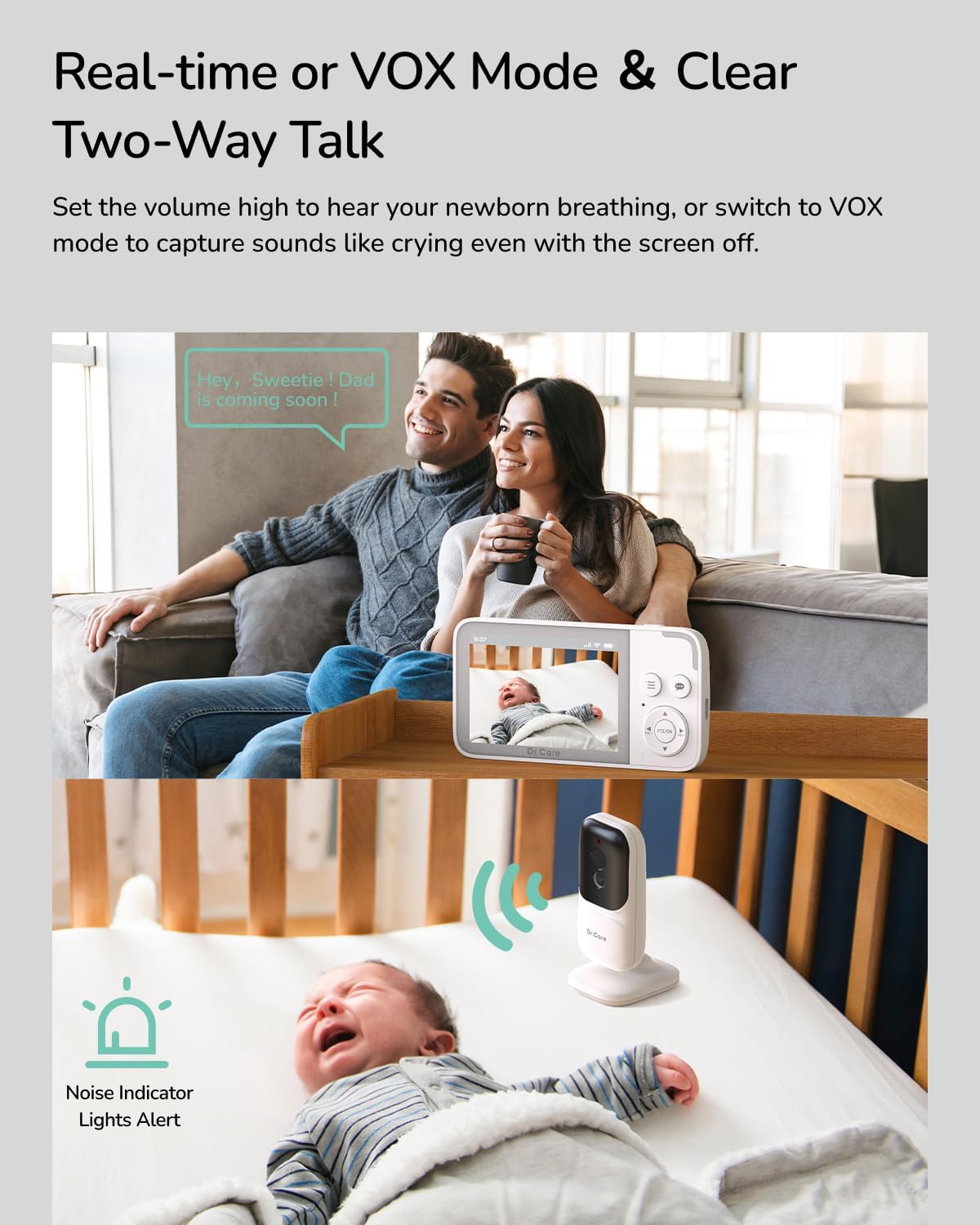 Dr. Care NeoView Video Baby Monitor with 2 Cameras -3.5” Screen, 2-Way Audio, Video Loop Recording, Night Vision, Real-Time/VOX Monitoring, Temp Sensor, Lullabies, No Wi-Fi (Supports Up to 128GB)