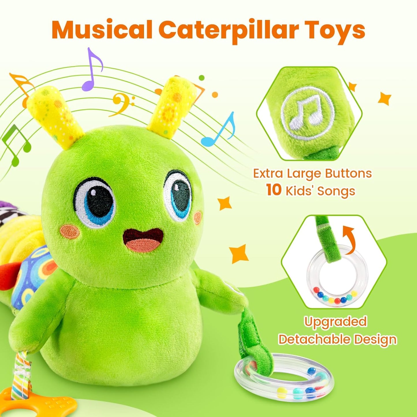 Baby Toys 0-6 Months, Washable Baby Musical Caterpillar Toys with 10 Children's Songs,Rattles,Teething Toys,Suitable for 0-6, 6-12 Months Infant Tummy Time Toy,Newborn Baby Boy&Gril Toy(Green)