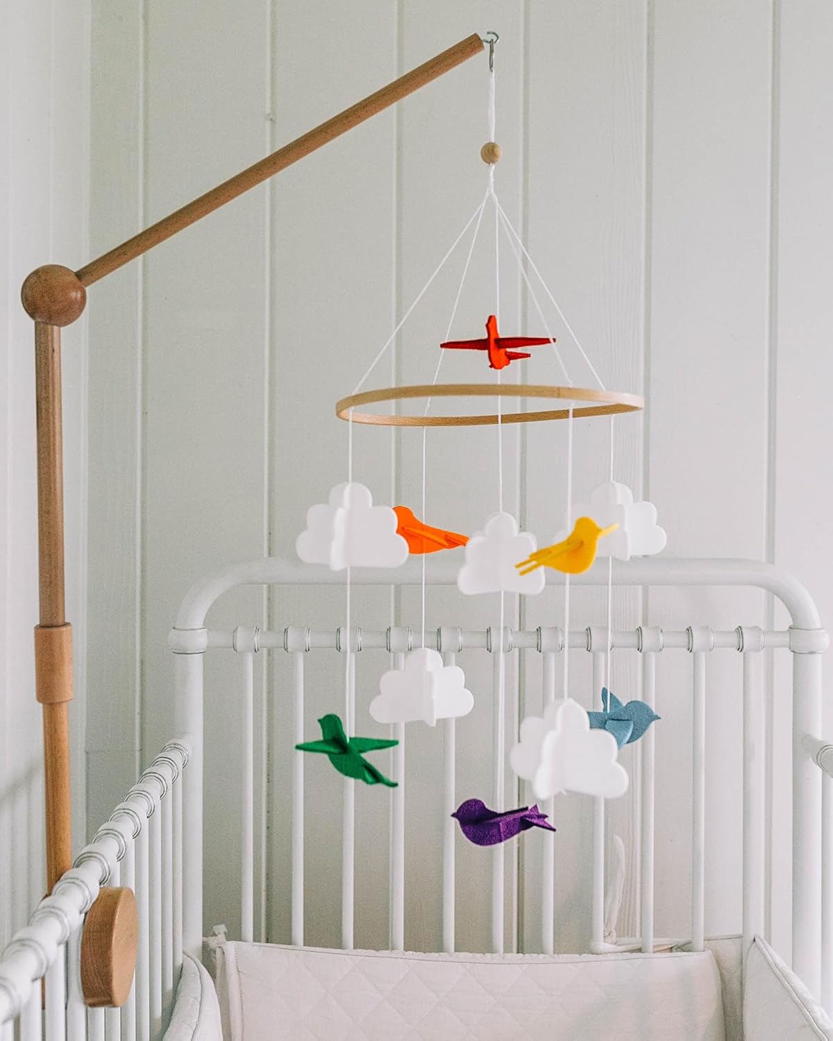 Baby Crib Mobile (Rainbow Birds in The Clouds, w/Garland) - Felt Nursery Ceiling Decoration and Baby Shower Gift for Girls & Boys