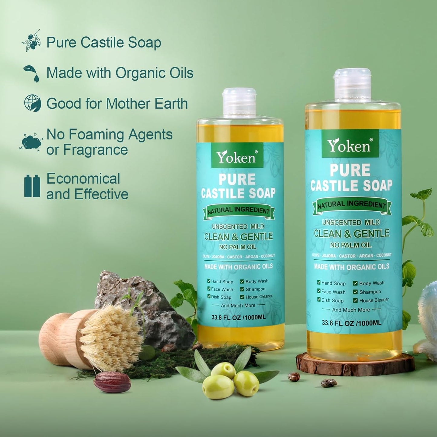 Pure Castile Soap Liquid Unscented 67 fl oz Castile Liquid Soap Made With Organic Oil, Clean & Gentle, No Palm Oil, Vegan, Natural Castille soaps for Face Body Hand Wash, Dishes Multi-purpose