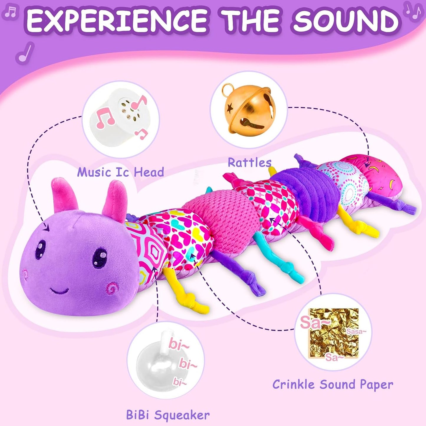 Baby Girl Stuffed Animal Toys with Multi Textures,Rattle,Crinkle,Baby Girl Gift 6 to 12 Months,Infant 3 4 5 7 8 9 Months Old Newborn Toy,Caterpillar-Purple