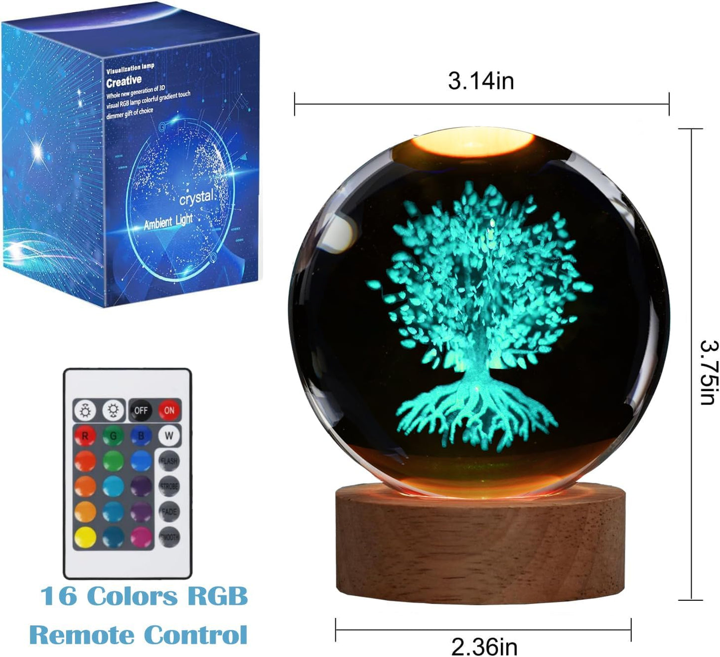 Tree of Life Crystal Night Light, Tree of Life Gifts, K9 3.15 Inch(80mm) Crystal Ball Night Light with 16 Colors Remote Upgraded Lamp for Birthday Xmas Plant Sphere for Room Decor Boys Girls