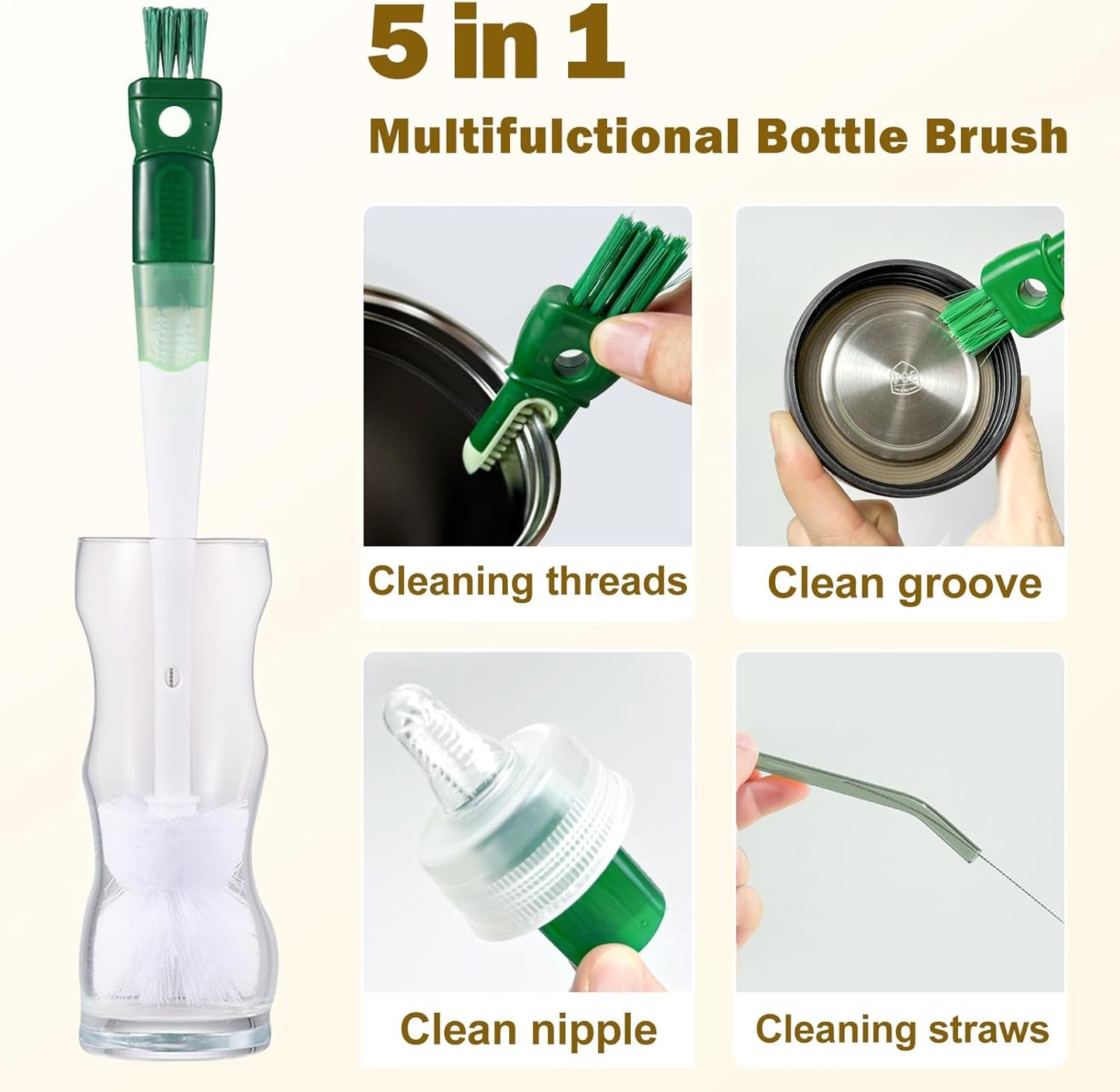 XYFuuee 5 Pack Dish Bottle Brush Set with 5-in-1 Cup Cleaning Brush, Dish Scrub Long Handle Brush with Scraper Tip, 3 Straw Cleaner Brushes for Stanley, Washing Kitchen Sink Pot Pan Water Bottle Stove