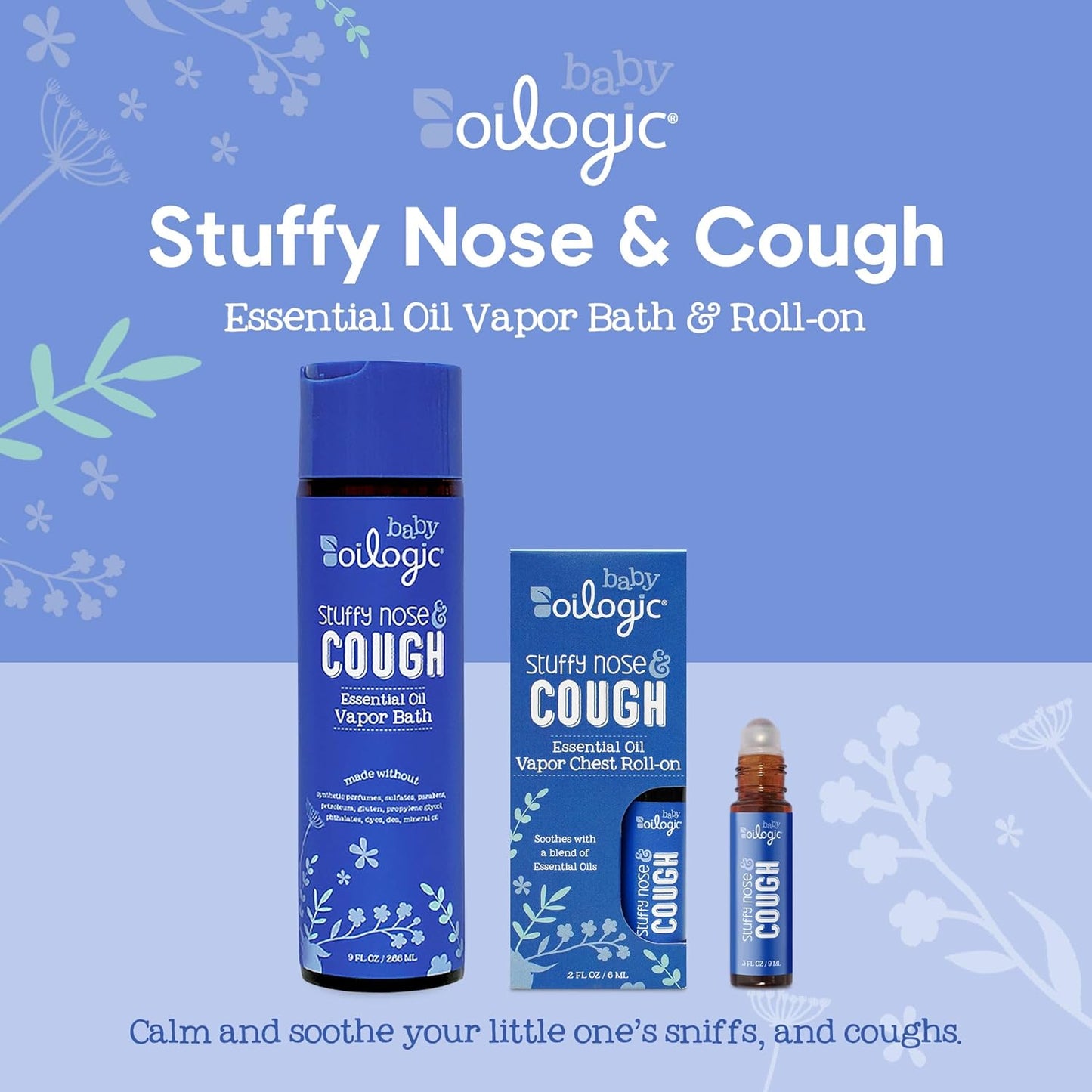Oilogic Stuffy Nose & Cough Vapor Bath & Roll-On Essential Oil for Babies & Toddlers - Gentle Baby Bath Essentials Soothe & Comfort - Pediatrician-Tested & Safe for Babies