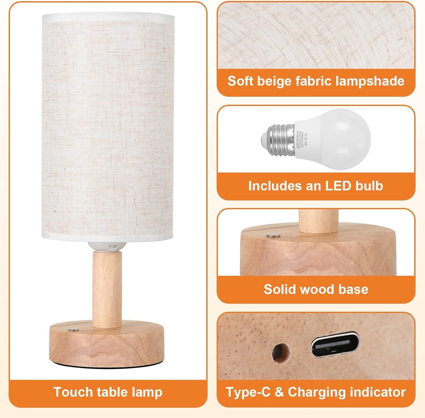 Rechargeable Cordless Touch Table Lamp with Stepless Dimming,Natural Wood Base&Linen Shade,Small Battery Wireless Ambient Night Light for Bedroom,Bedside,Nightstand,Nursery,Kitchen,Camping,Outdoor
