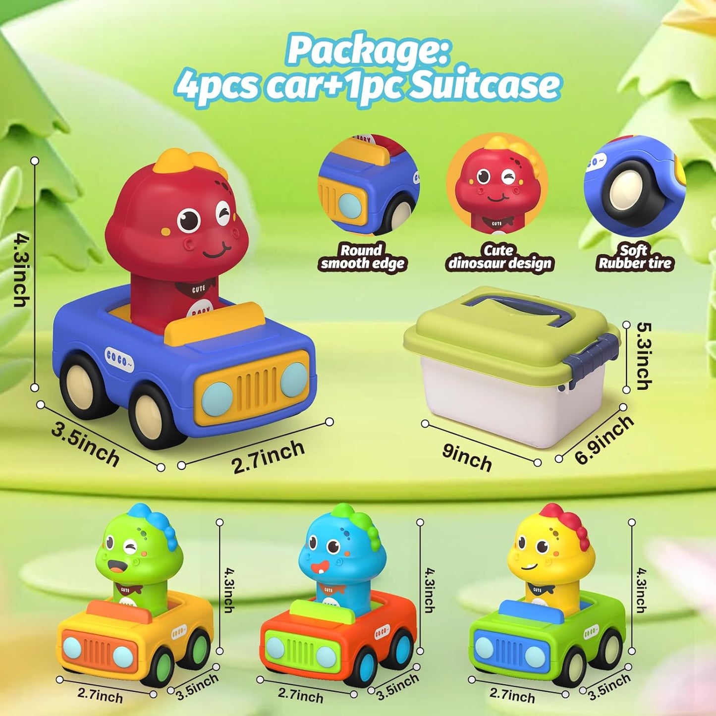 4PCS Big Press and Go Car Toys for Toddlers 1-3,Baby Animal Race Cars with Big Storage Box Infant Toys Push Go Friction Dino Car Learning Toys for Toddlers 1-3