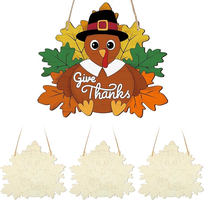 Paintable Thanksgiving Ornaments 3 Sets, Wooden Turkey Ornaments to Paint