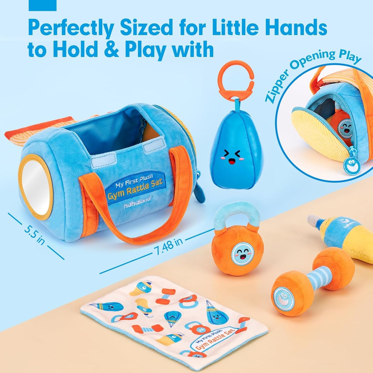 hahaland Baby Toys 6-12 Months - Baby Toys 3-6 Months Montessori Toy for 6 Month Old, Sensory Toy for Babies Workout Weights Dumbbell Toy Set with Soft Rattles Mirror, Christmas Baby Gifts