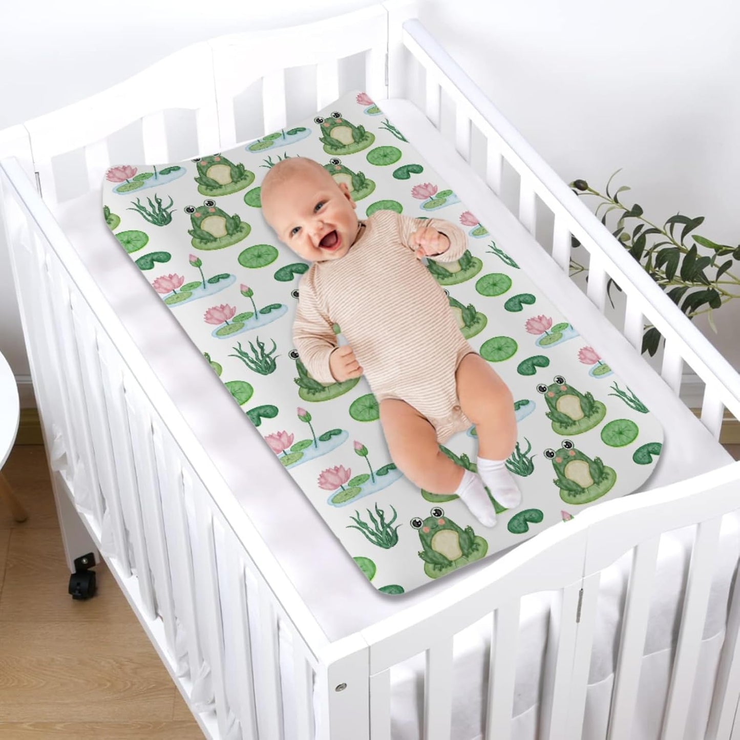 Cartoon Frogs Flower Leaves Pond Changing Pad Covers Water Lilies Lake Diaper Changing Table Sheets for Girl Boy Soft Breathable Stretchy Fitted Baby Changing Table Pad Mats Covers 32''x16''