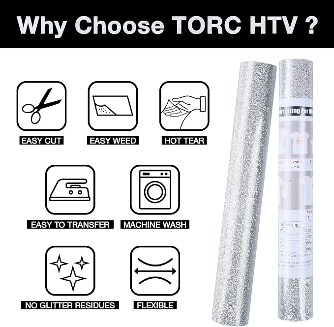 TORC Silver Glitter HTV Heat Transfer Vinyl Roll 12 inch x 10 ft Iron on Vinyl