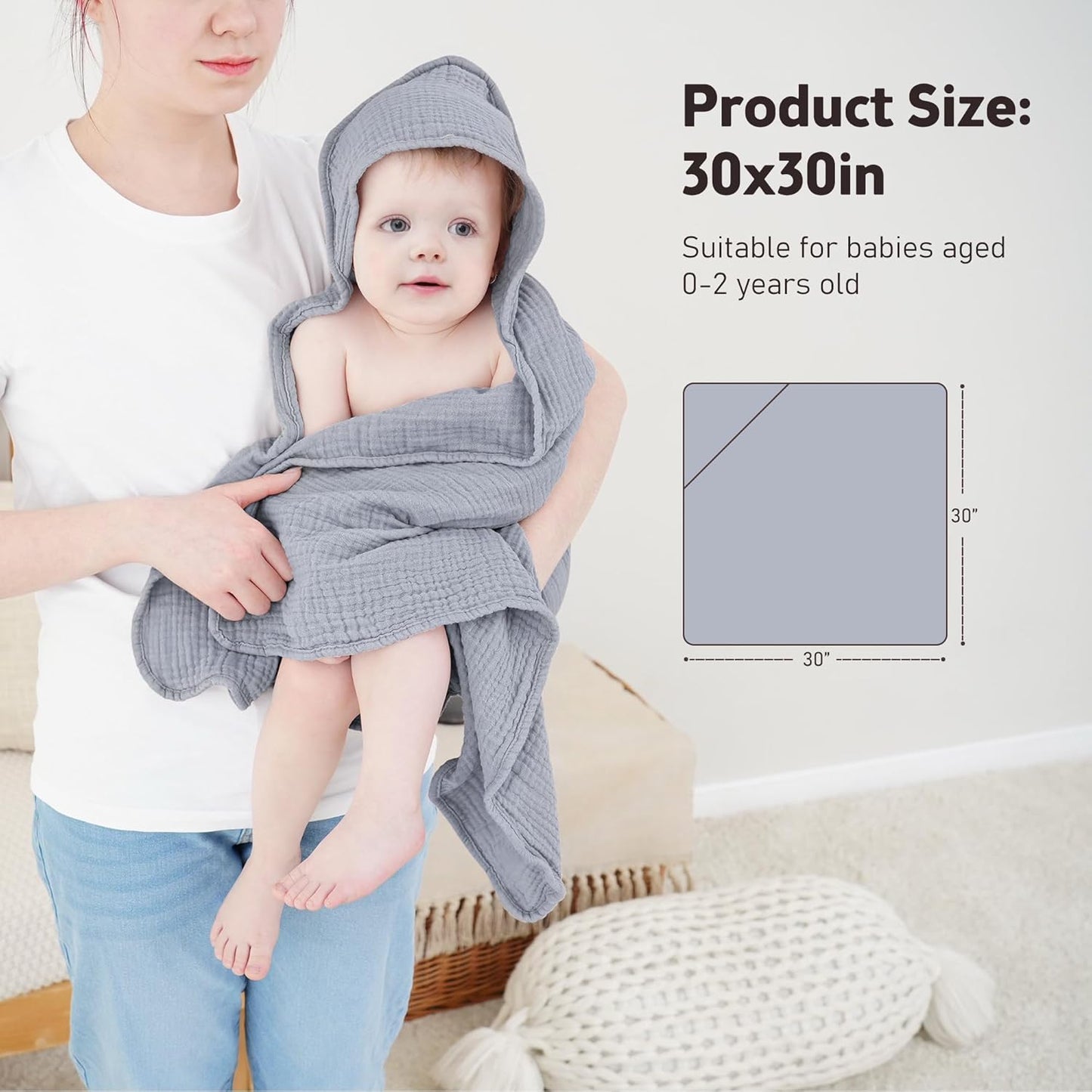 Susurration Hooded Baby Towels for Newborn 2 Pack 100% Muslin Cotton Towel for Babies，Highly Absorbent and Newborn Essential 30x30 Inch Gray&Green