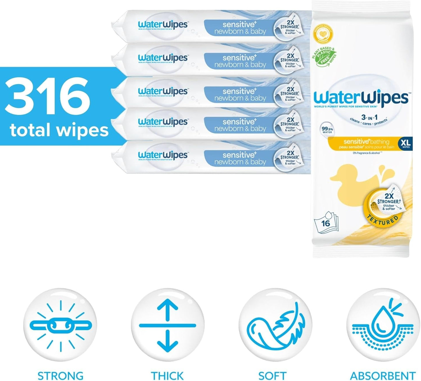 WaterWipes Bundle, Original 300 Count (5 packs) & XL Bathing Wipes 16 Count (1 pack), Plastic-Free, 99.9% Water Based Wipes, Unscented, Hypoallergenic for Sensitive Skin, Packaging May Vary
