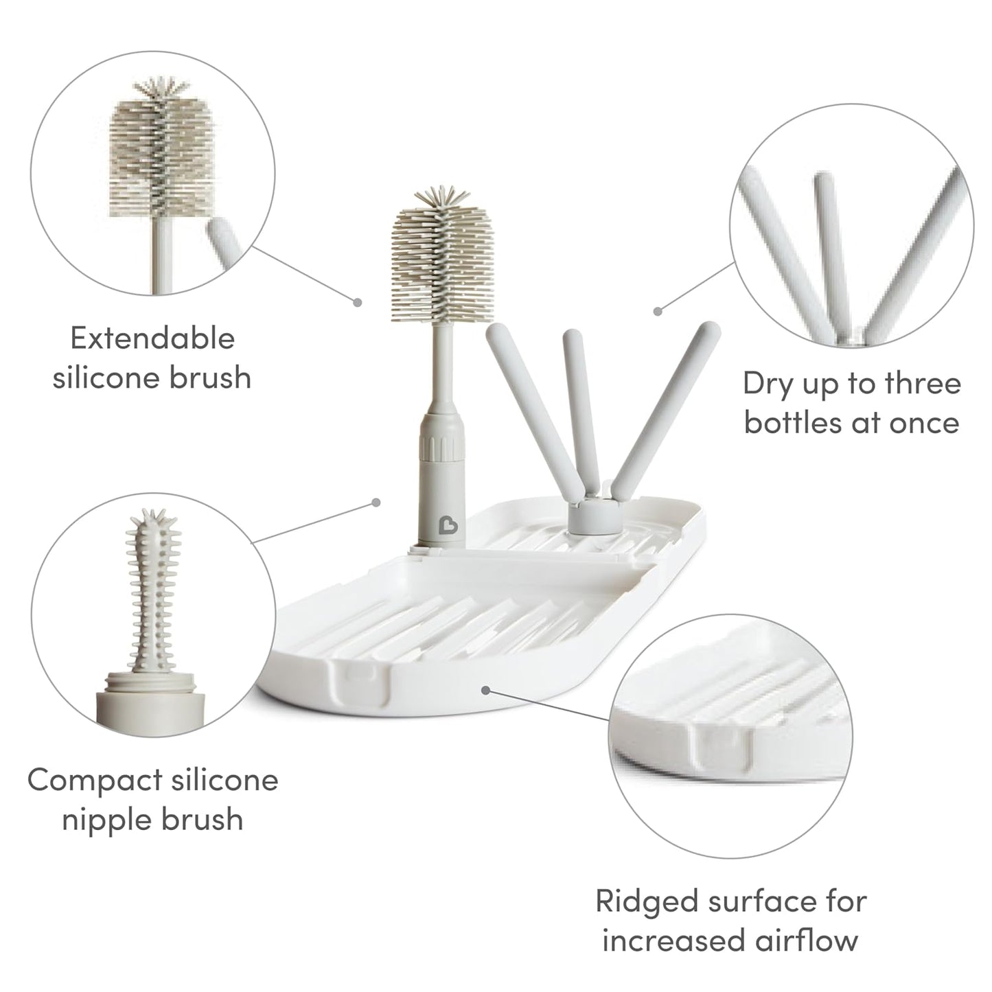 Munchkin® Travel Baby Bottle Drying Rack with Silicone Bottle Brush - Compact and Foldable, Fits Easily in Diaper Bags for On-The-Go Use