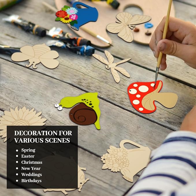 Subacy 80 PCS Unfinished Wood Cutouts 8 Styles DIY Wooden Spring Ornaments