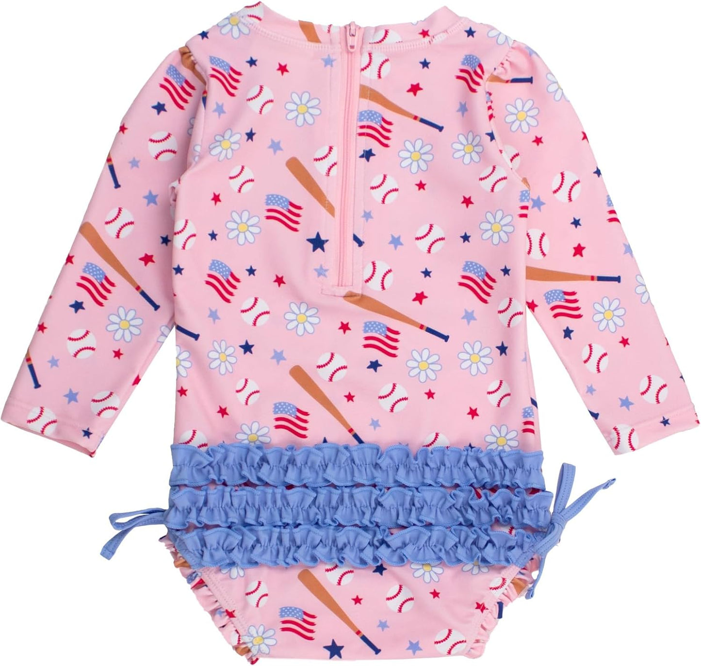 RuffleButts Baby Girls UPF 50+ Sun Protection Novelty Print Long Sleeve One Piece Rash Guard Swimsuit with Zipper