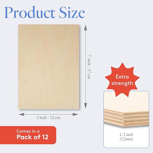 12 mm Baltic Birch Plywood 1/2 x 5 x 7 Inch, Box of 12 B/BB Grade Craft Wood
