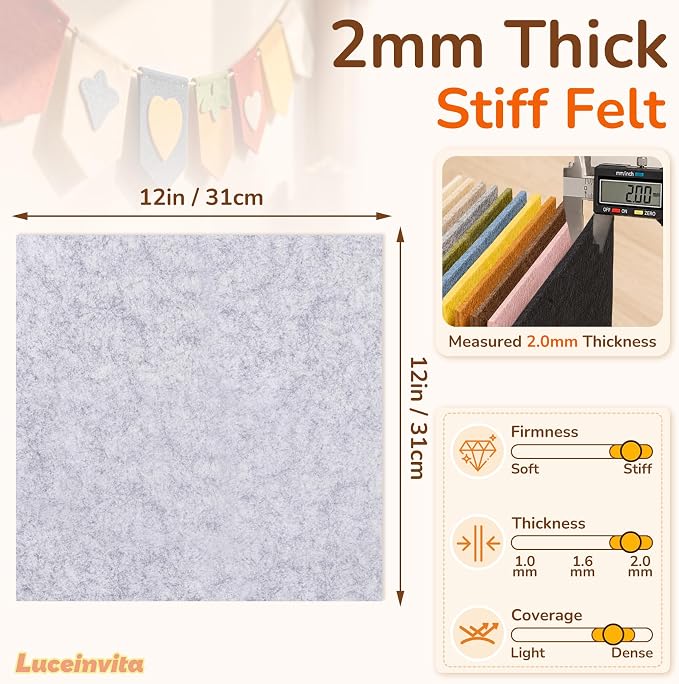 2mm Stiff Felt Sheets 12" X 12" | Thick Polyester Felt Material, DIY Craft